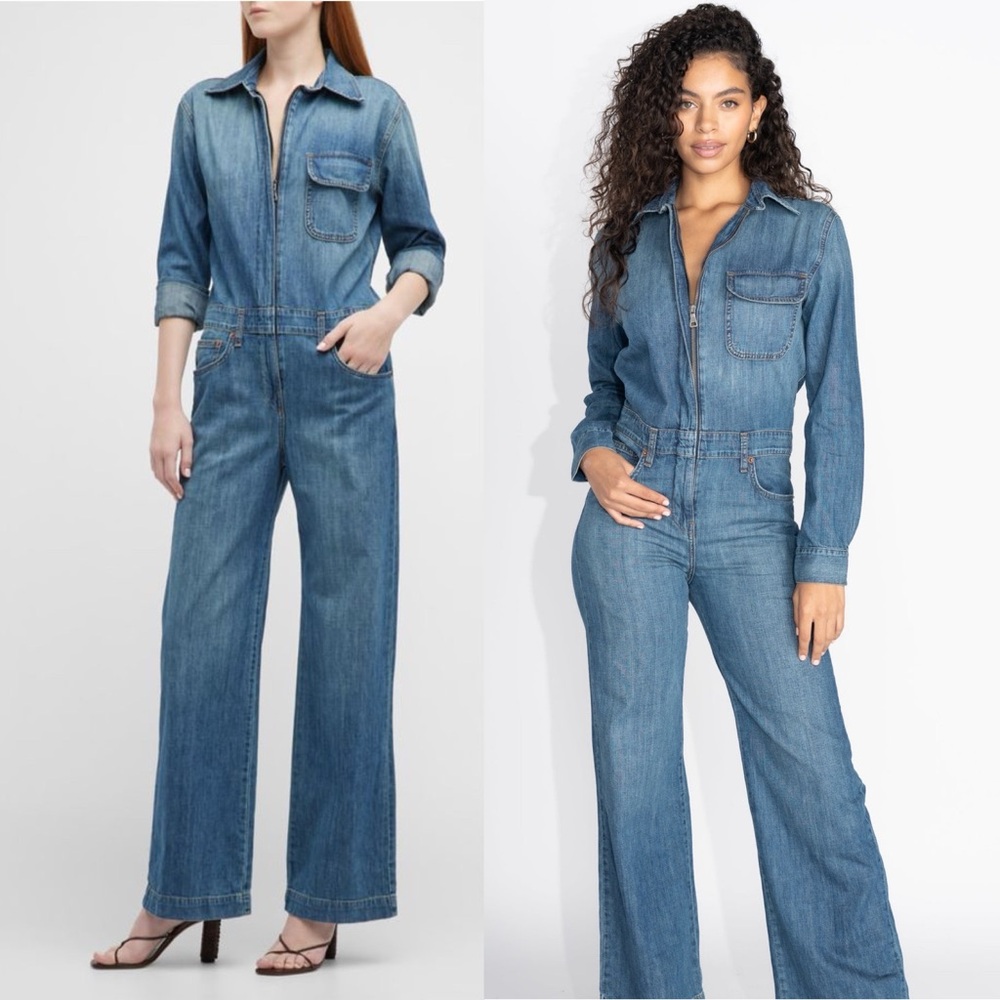 Rivet Utility Boyfriend Jumpsuit Collared Zip Denim Jean Wide Straight Leg S